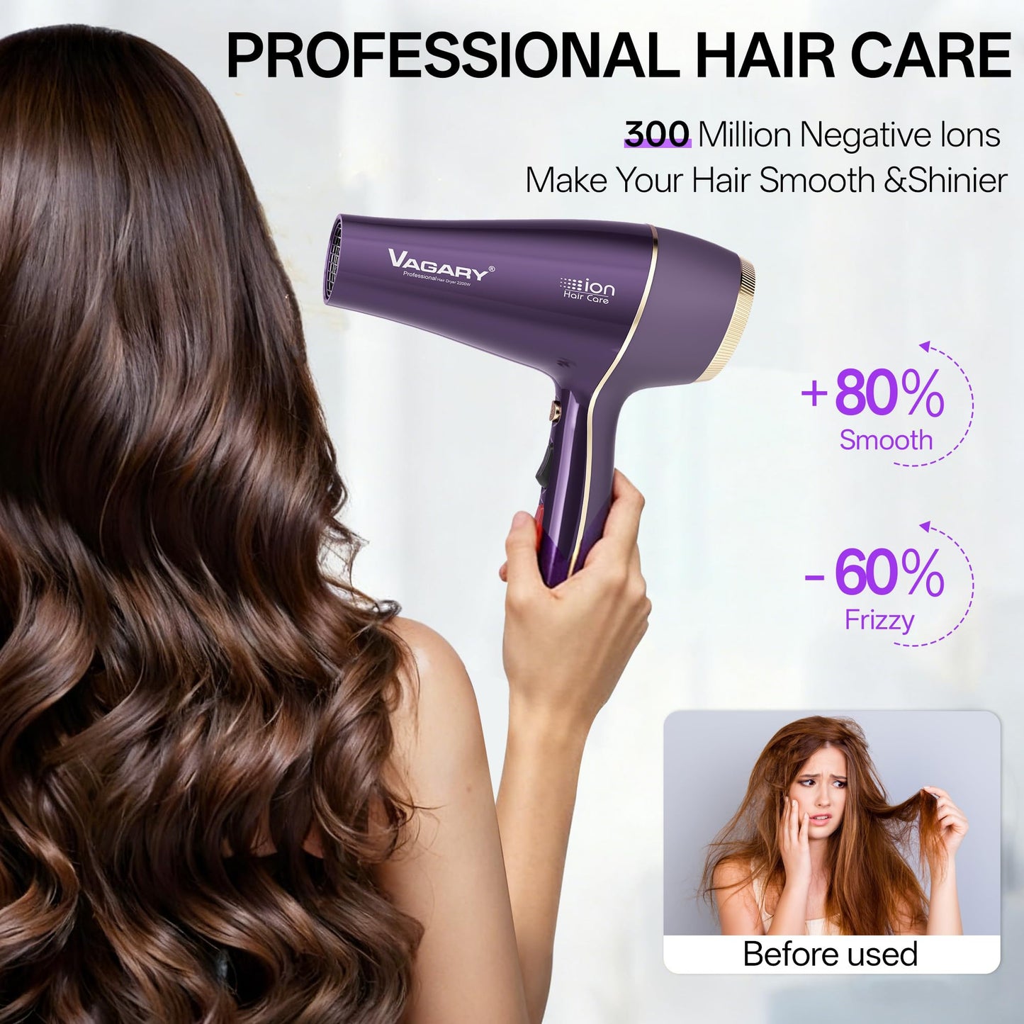 VAGARY Hair Dryer with Diffuser Concentrator, 2200W Professional Salon Ionic Blow Dryer for Frizz Free Smooth Hair, Featuring 2 Speeds and 2 Heat Settings, Cool Shot Button（Purple）