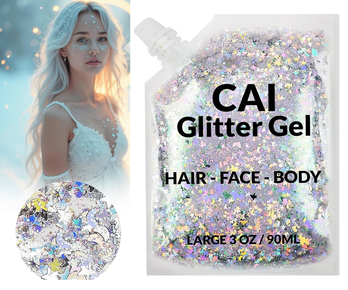 Face, Body & Hair Glitter Gel – Halloween Glitter for Kids and Women – 3 Oz Cosmetic-Grade Gel w/Moon & Stars for Festivals & Halloween Party