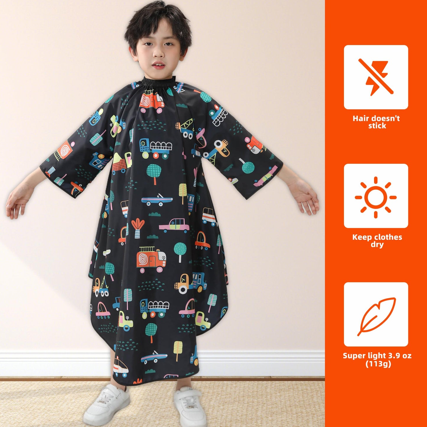 PERFEHAIR Salon Cape Kit - Adult & Kids Hair Cutting Cape Set with Sleeves, Soft & Light Cape for Men & Women, Kids Barber Cape with Cars Design, Home & Salon Use, Professional Hair Cutting Apron Set
