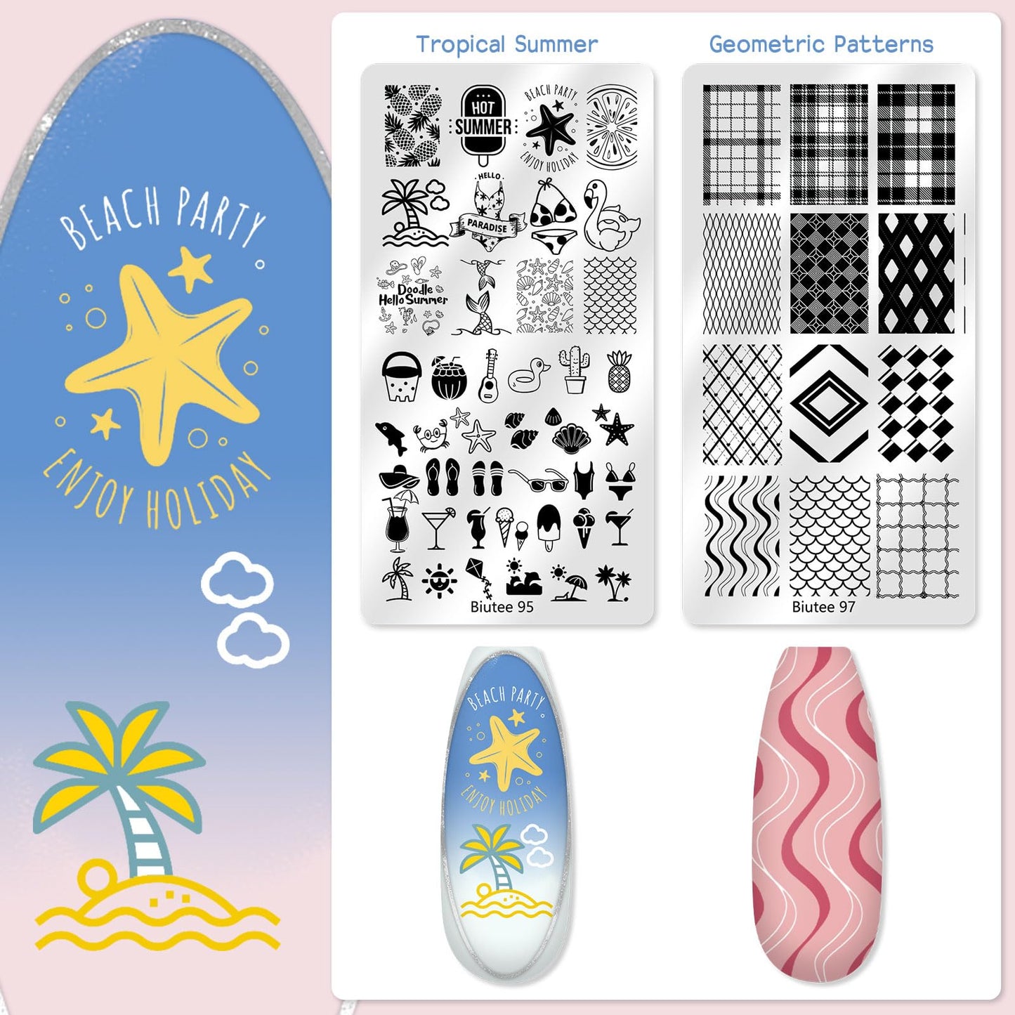 Biutee Nail Stamper Kit 12Pcs Nail Art Stamping Plate 8 Colors Stamp Polish Gel with Top Coat and Base Coat Set Silicone Stamper Scraper, Nail Stamp Plates Love Flower Butterfly Leaf Holiday Design