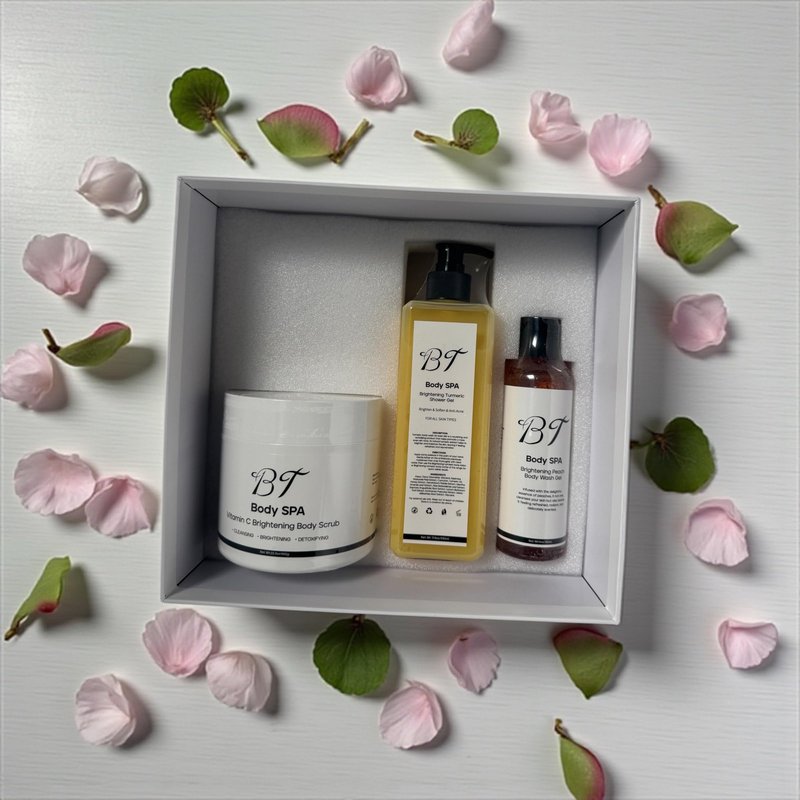 BT Body Spa Exfoliating Body Care Set – Vitamin C Body Scrub, Peach Gel Body Wash & Turmeric Body Wash for Smooth, Glowing Skin.