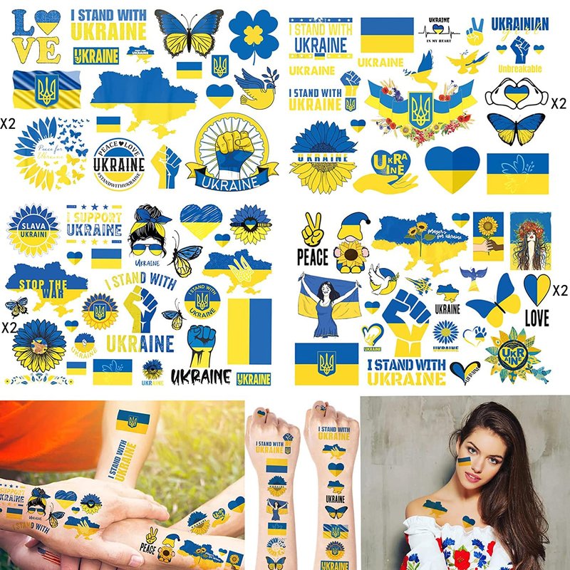 Ukraine Temporary Tattoos - 8 Patriotic Designs, Blue & Yellow | Non-Water Resistant for Adults