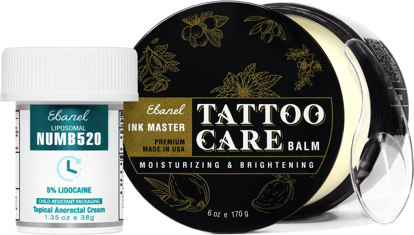 Ebanel Set of 5% Lidocaine Numbing Cream and Tattoo Balm, Numb520 Topical Anesthetic Pain Relief Burn Itch Cream, and Premium Tattoo Aftercare Butter Brightener Ink Color Enhancing Ointment 6Oz