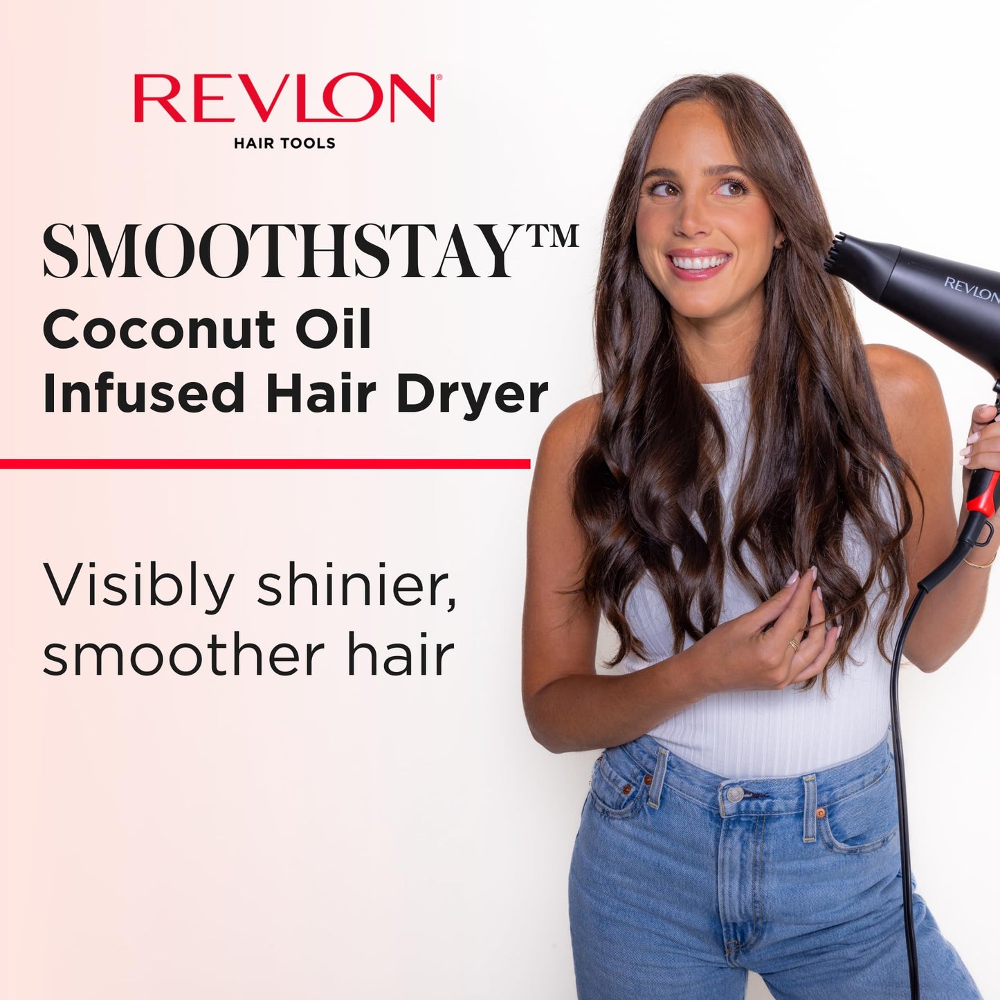 REVLON SmoothStay Hair Dryer with Diffuser, Ionic Ceramic Blow Dryer, Coconut Oil Infused for Frizz Control, Shine and Volume, 1875W Lightweight Dryer with Concentrator for Smooth or Curly Styles