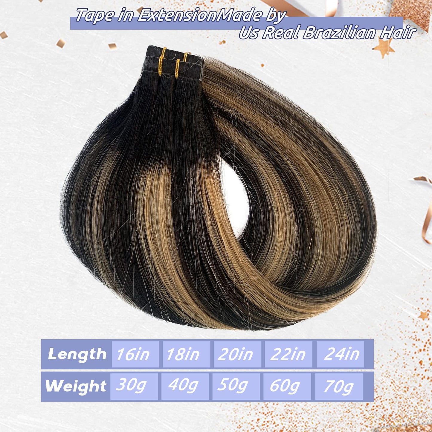Balayage Blonde Highlights Tape in Human Hair Extensions 18Inch Ombre Natural Black with Strawberry Brown 100% Remy Tape in Hair Extensions Seamless Soft Straight 40g/20pcs