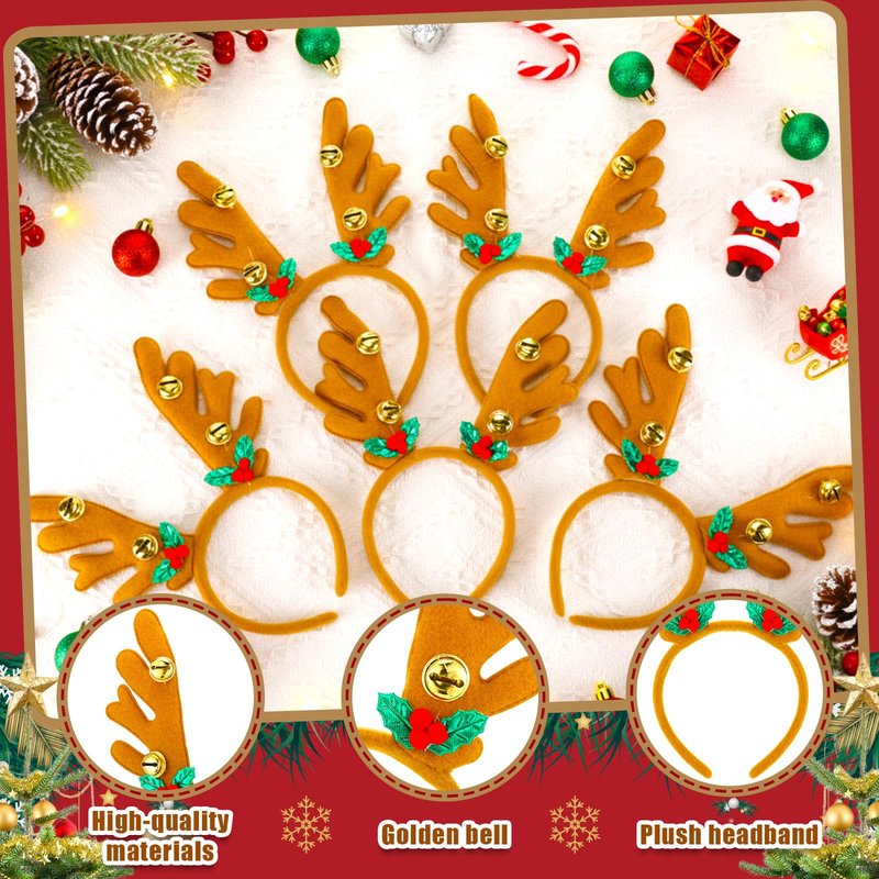 Riceshoot 24 Pcs Christmas Antler Headband Reindeer Headband Deer Plush Ear Antler Hair Hoop Beauty Accessory for Xmas Party(Golden Bell Style)