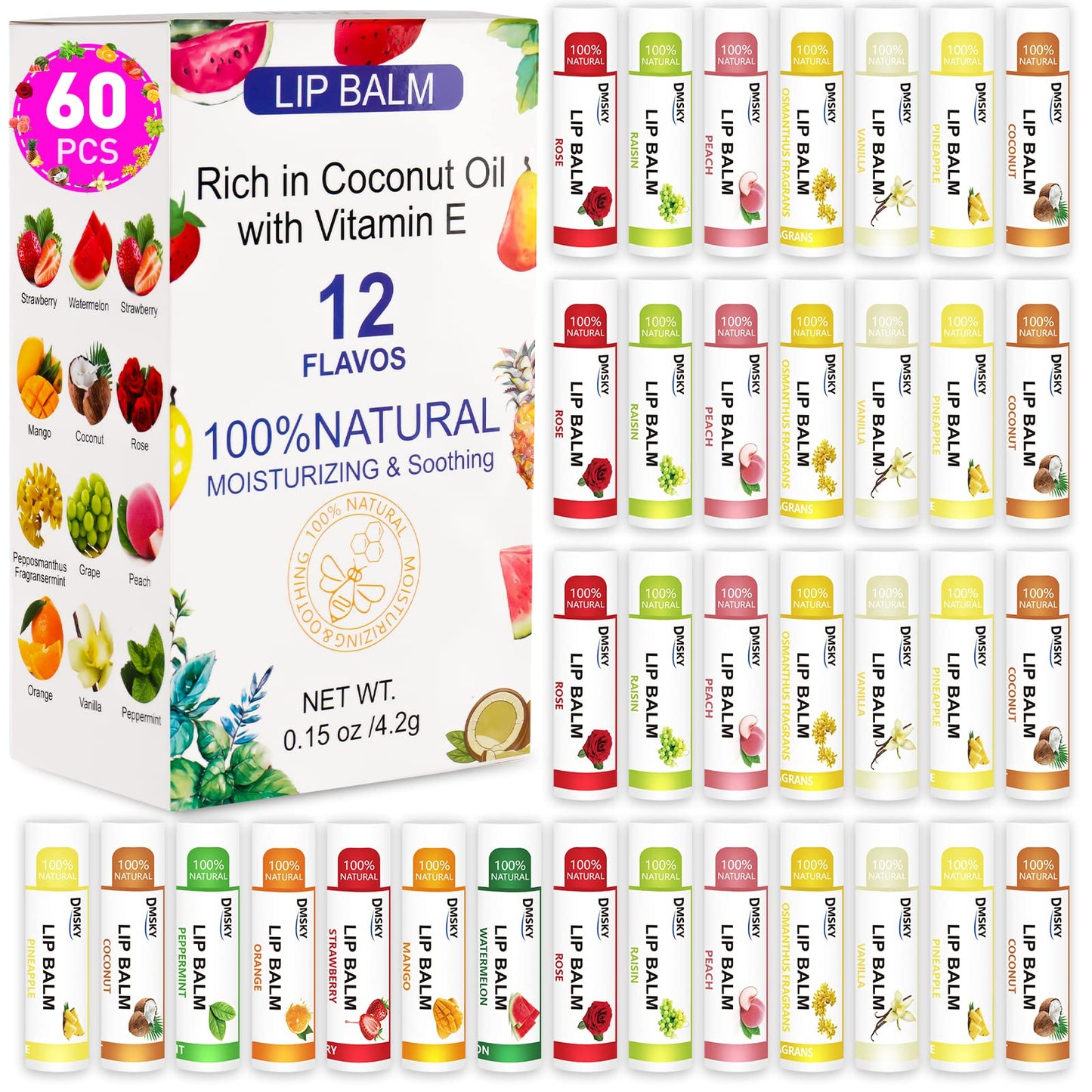 DMSKY 60 Pack Lip Balm, Natural Lip Balm Bulk with Vitamin E and Coconut Oil, Moisturizing Lip Care for Dry Chapped Lips, Party Favors-12 Flavors