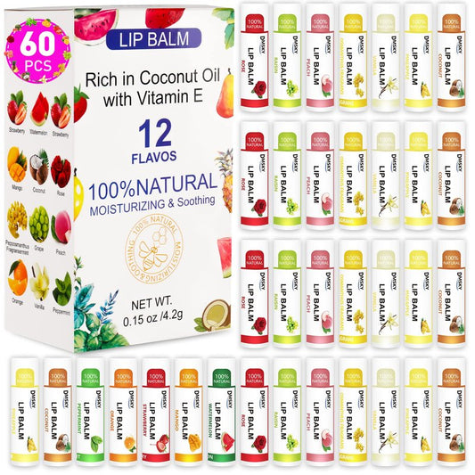 DMSKY 60 Pack Lip Balm, Natural Lip Balm Bulk with Vitamin E and Coconut Oil, Moisturizing Lip Care for Dry Chapped Lips, Party Favors-12 Flavors