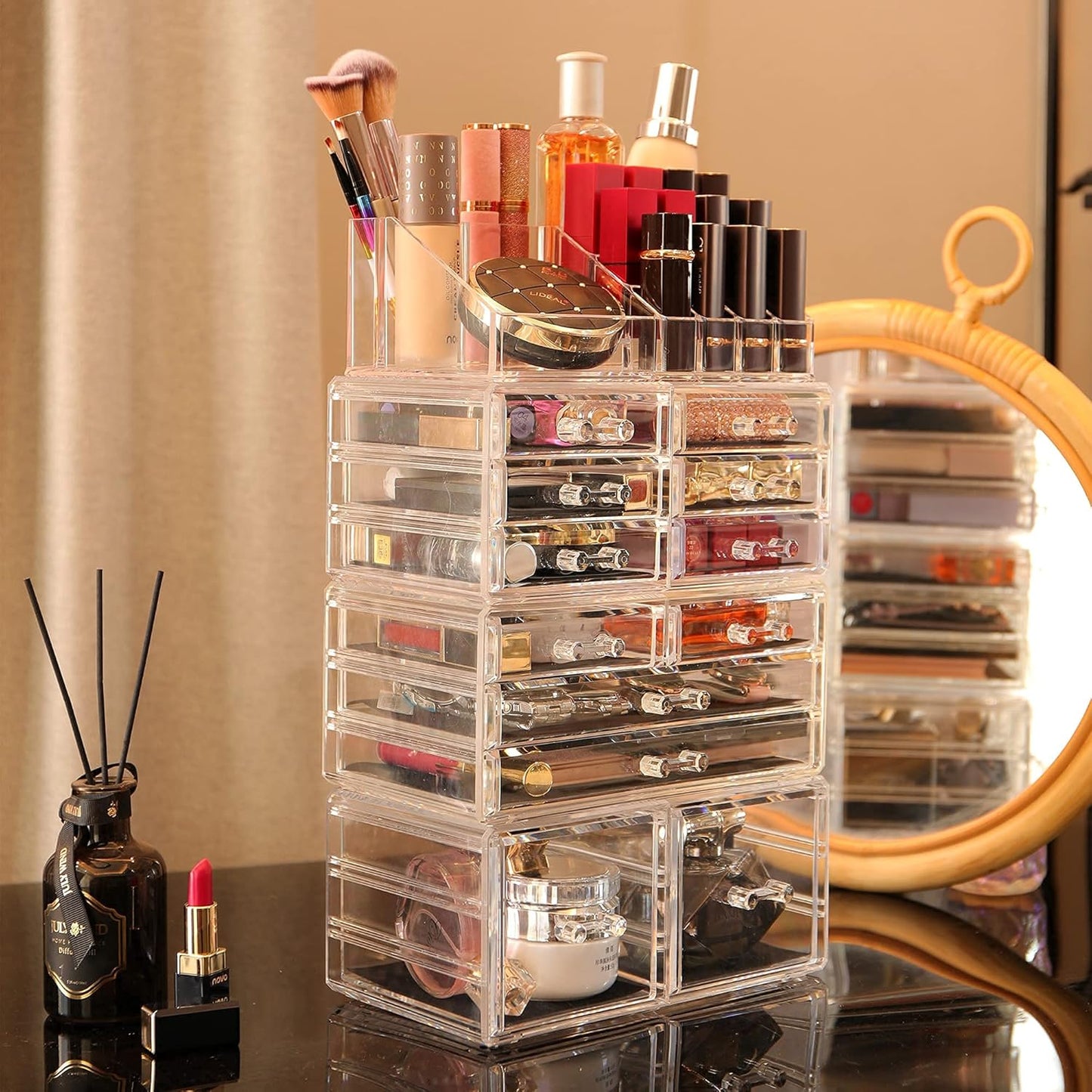 Clear Acrylic Makeup Organizer - 4 Pack Stackable 12 Drawer Skincare Storage | Cute Vanity Organizer for Hair Clips, Jewelry & Beauty Products