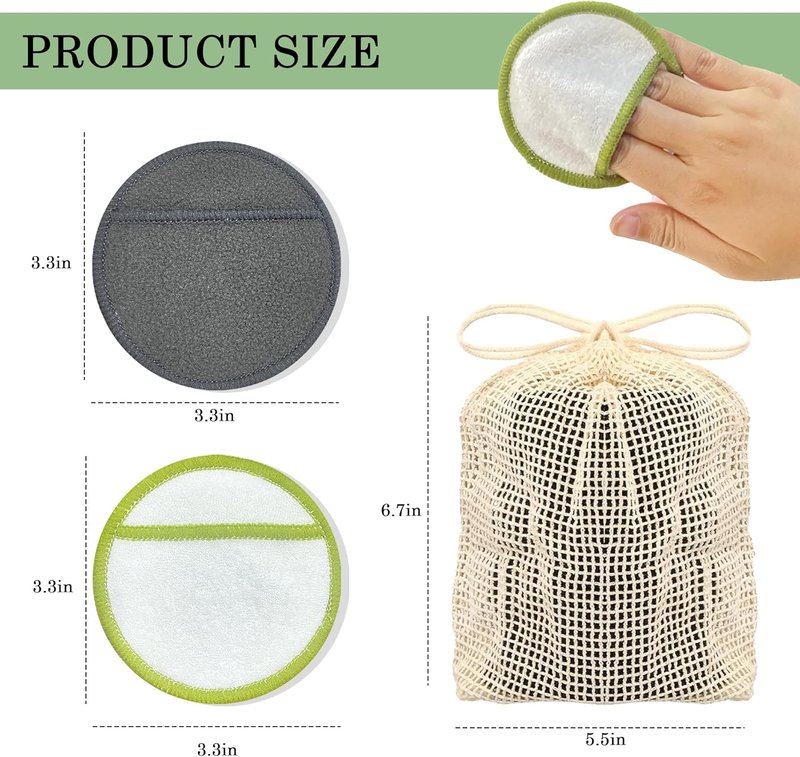 Reusable Cotton Rounds - 16 Pack Bamboo Charcoal Makeup Remover Pads | Machine Washable Face Wipes with Storage Bag