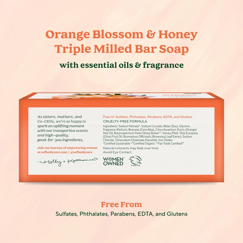 South Of France SoF Triple Milled Bar Soap - With Coconut Oil & Organic Shea Butter- Vegan & Non GMO- Free From Phthalates, Sulfates & Parabens- Orange Blossom & Honey - 6 oz Bar 4 Bars