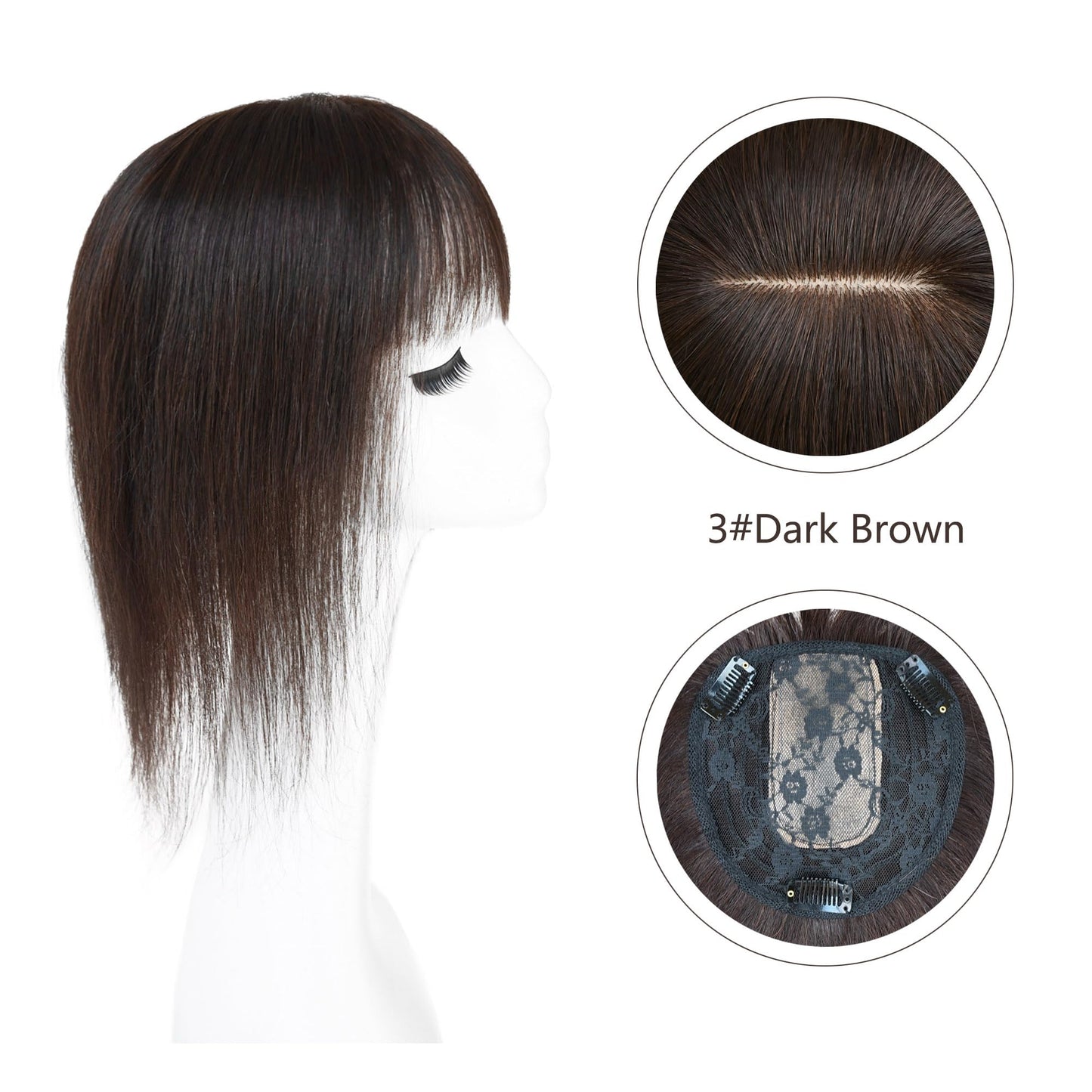 Maweilar Middle Part Clip In Human Hair Hair Topper With Bangs, Clip in Human Hair Toppers Seamless Hairpiece for Women Thick Silk Base Topper for Thicking Hair (Natural Black, 5.1"x 5.1", 12")
