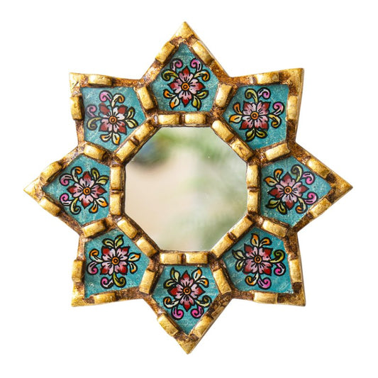 DecorContreras Turquoise Hanging Round Wall Mirror Living Room Decor- Peruvian Painted Glass Mirror Valentines Day Gift for Women - Ornate Mirror on The Wall