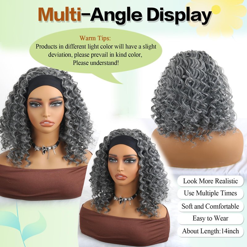 Aisaide Kinky Curly Headband Wig 12 Inch Grey Deep Curly Headband Wigs for Women Short Glueless No Lace Deep Curly Half Hair Wig