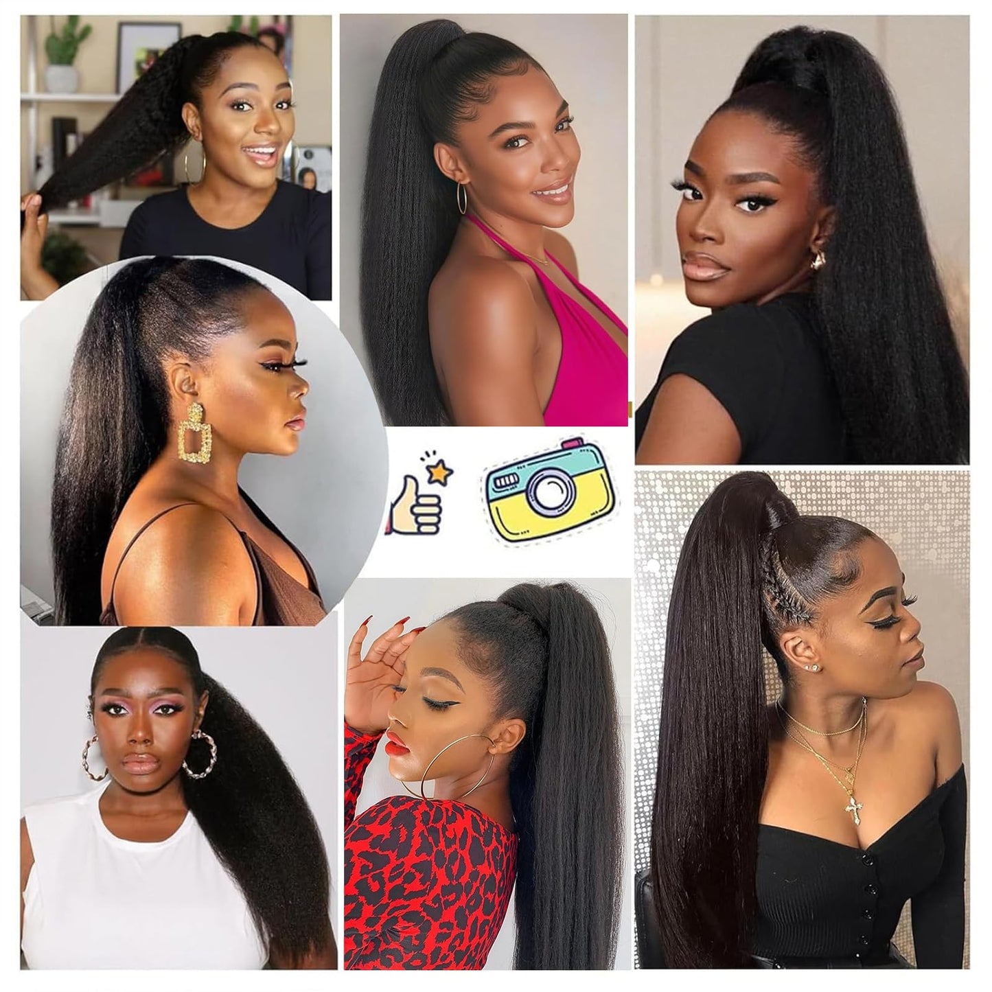 Yaki Straight Ponytail Extension, Wrap Around Ponytail Extension for Black Women, Yaki Human Hair Extension, Natural Black (Drawstring ponytail, 24 inch)