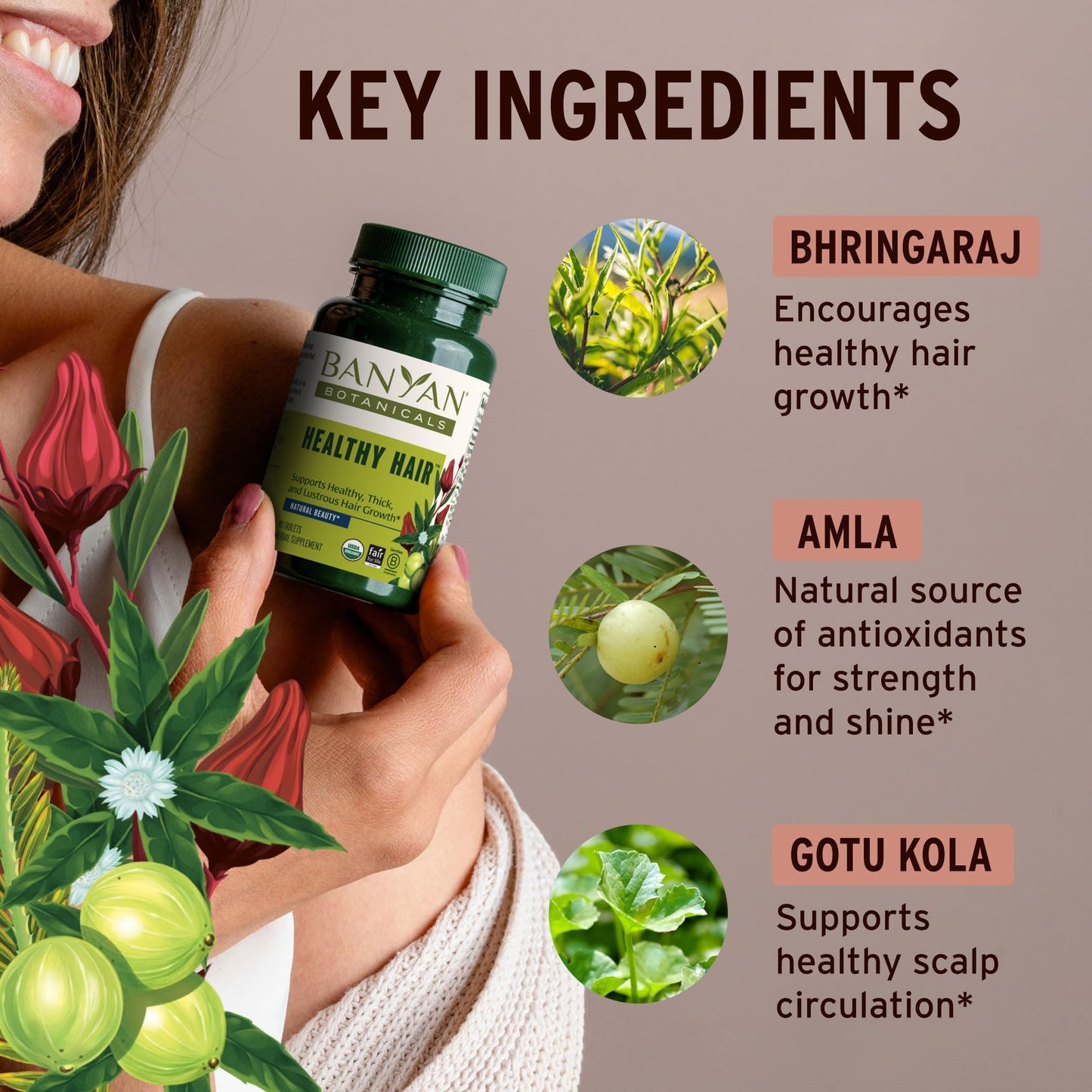 Banyan Botanicals Organic Healthy Hair Supplement – For Thickness, Shine & Scalp Health – with Bhringaraj, Amla & Brahmi – Natural Internal Hair Care & Follicle Support-90 Tablets-USDA Organic