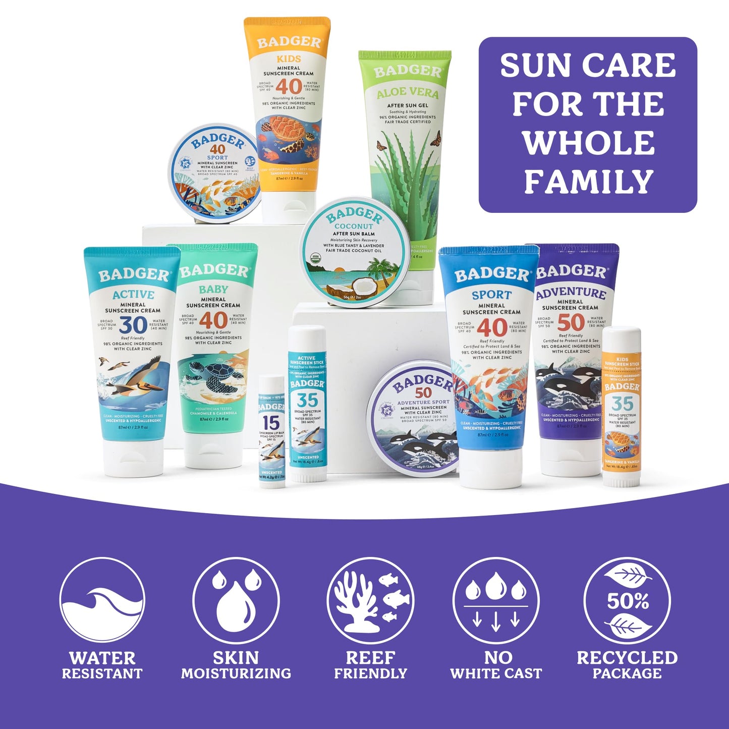 Badger Reef Safe Mineral Sunscreen, SPF 50, 98% Organic with Zinc Oxide, Non Toxic, Water Resistant, Unscented & Hypoallergenic, Broad - Spectrum, For Adventure & Sport, 2.9 fl oz (2 Pack)