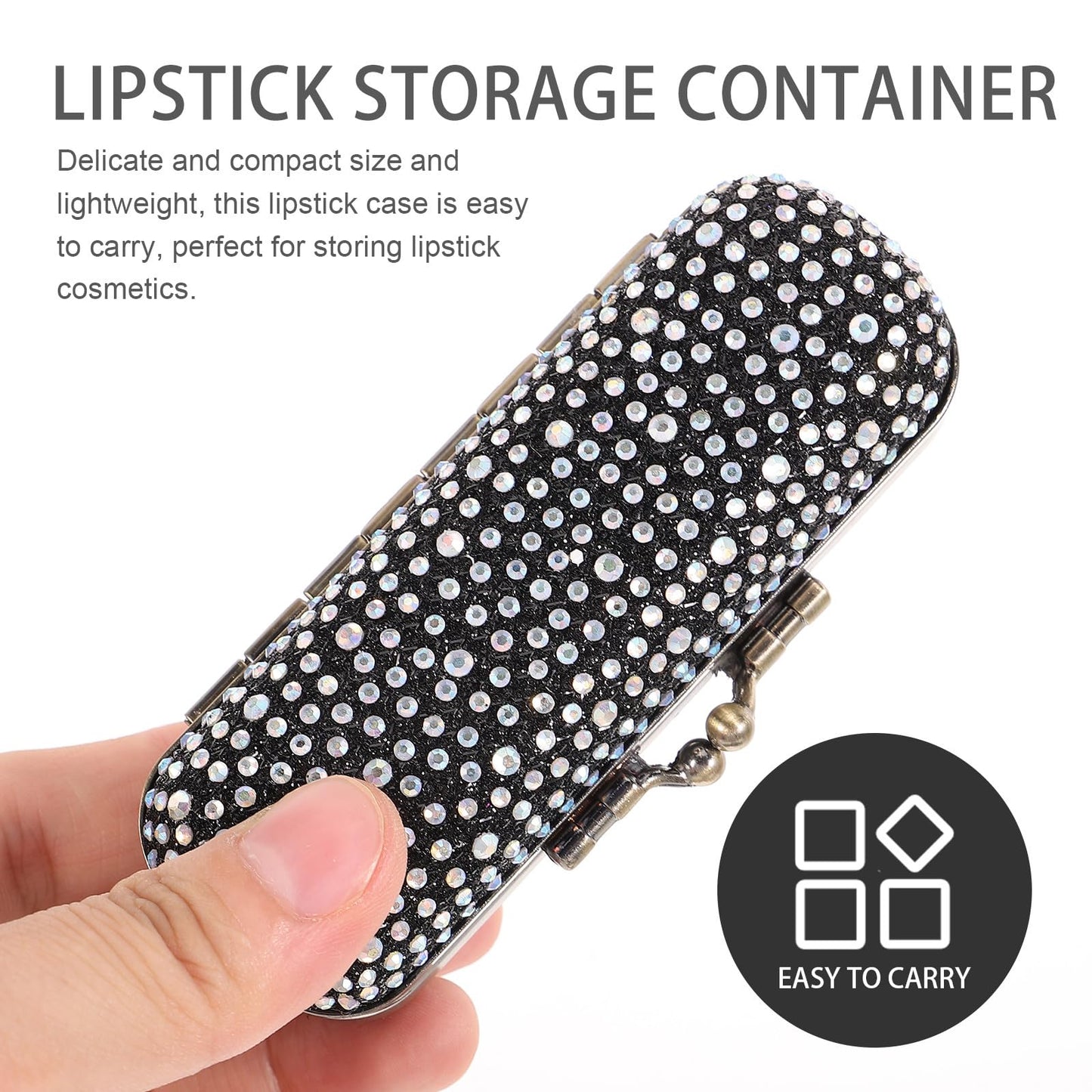 ABOOFAN Lipstick Case with Mirror Portable Lipstick Holder Rhinestone Cosmetic Storage Box Compact Travel Organizer 3.93X1.77X1.18In