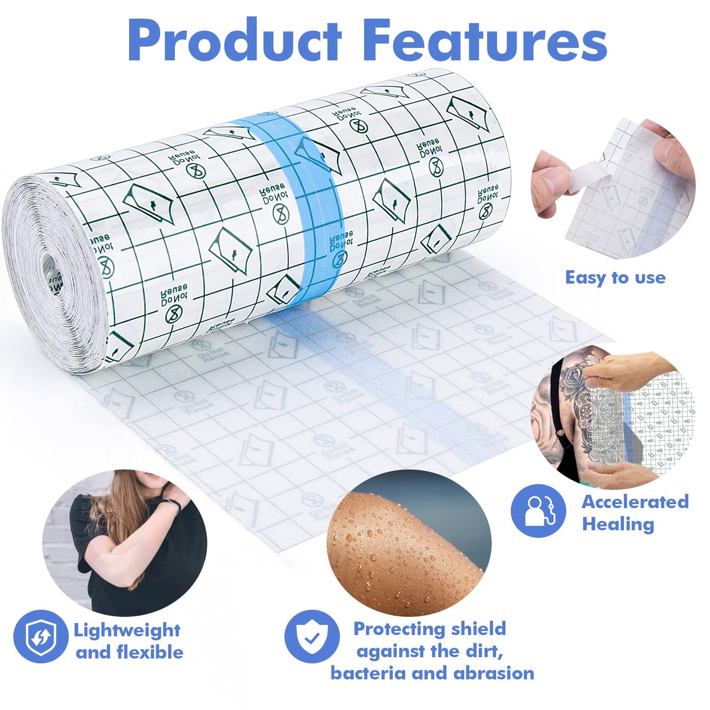 Tattoo Aftercare Waterproof Bandage (9.84 in x 10.9 Yd Roll) Second Skin Wound Healing Protective Skin Adhesive Bandages Transparent Dressing Bandages Tattoo Supplies