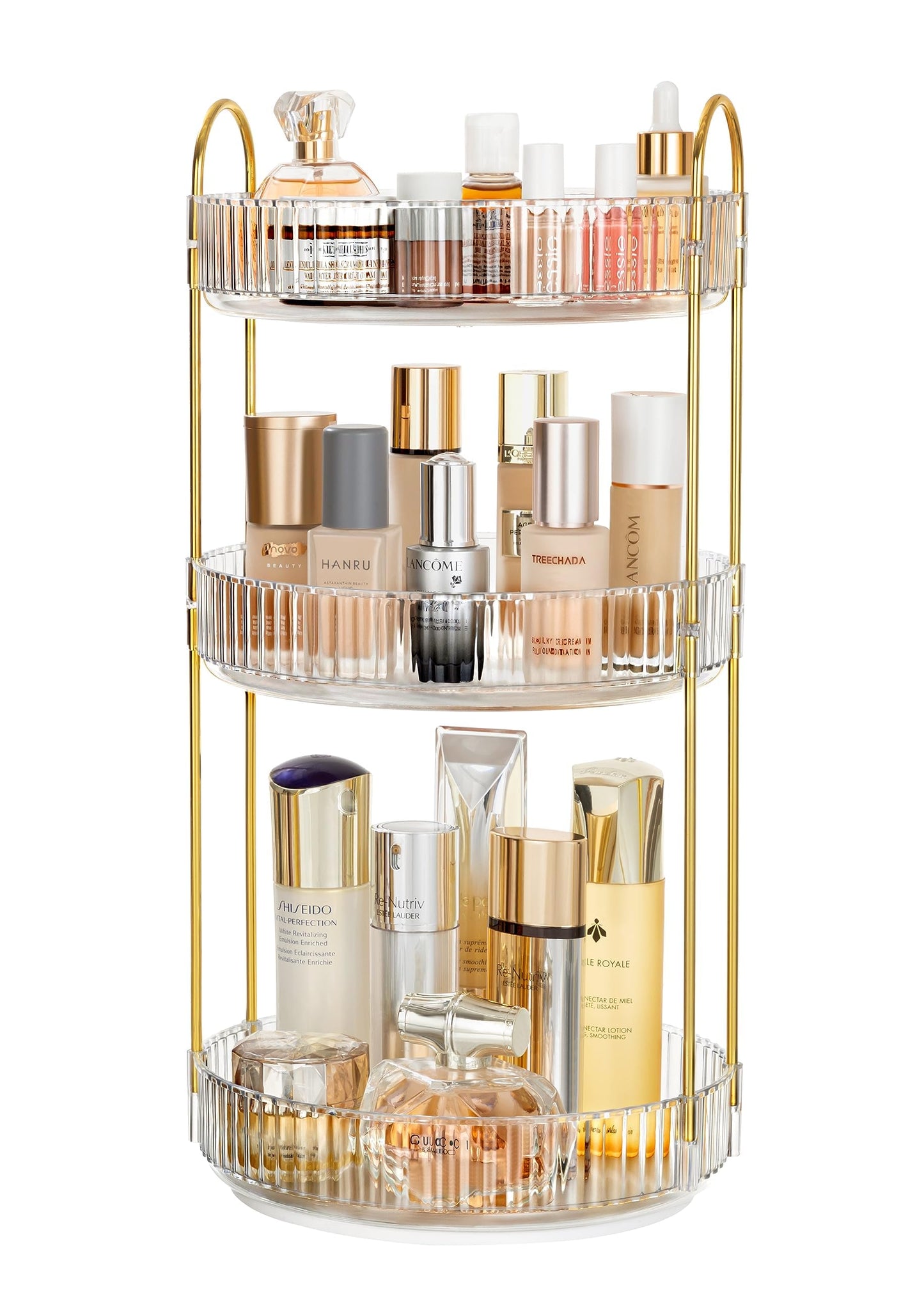 3-Tier Rotating Makeup Organizer, 360° Spinning Cosmetic Storage, 18.5" Height Clear Vanity Display with Gold Metal Frame