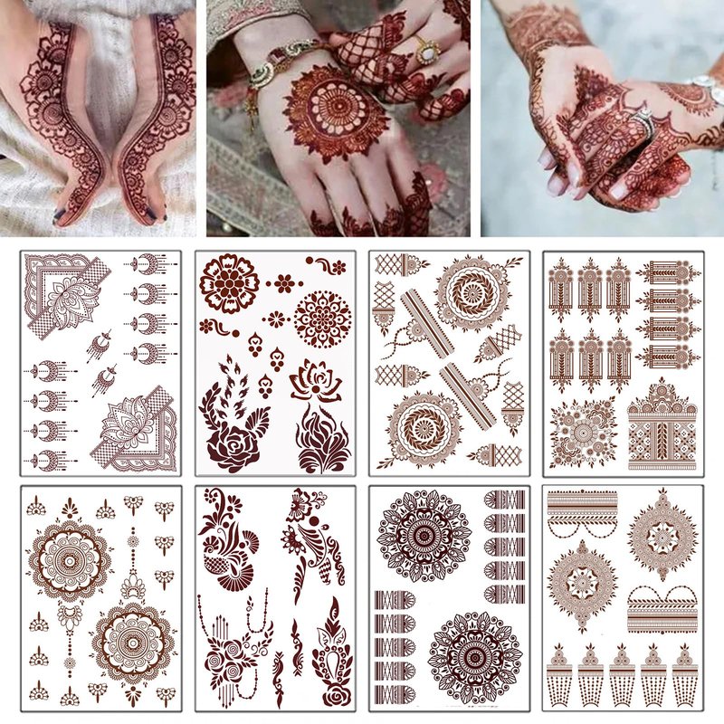 8 Sheets Red Brown Temporary Tattoo Stickers Fake Tattoo Lace Floral Temporary Waterproof Body Art Long Lasting Stickers for Women Festivals Wedding Masquerade Party Decorations Design