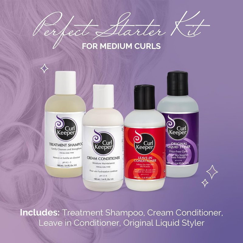 Curl Keeper Medium Curl Starter Kit - Travel Size Set for Curly Hair | Includes Liquid Styler, Treatment Shampoo, Cream Conditioner & Leave-In Conditioner