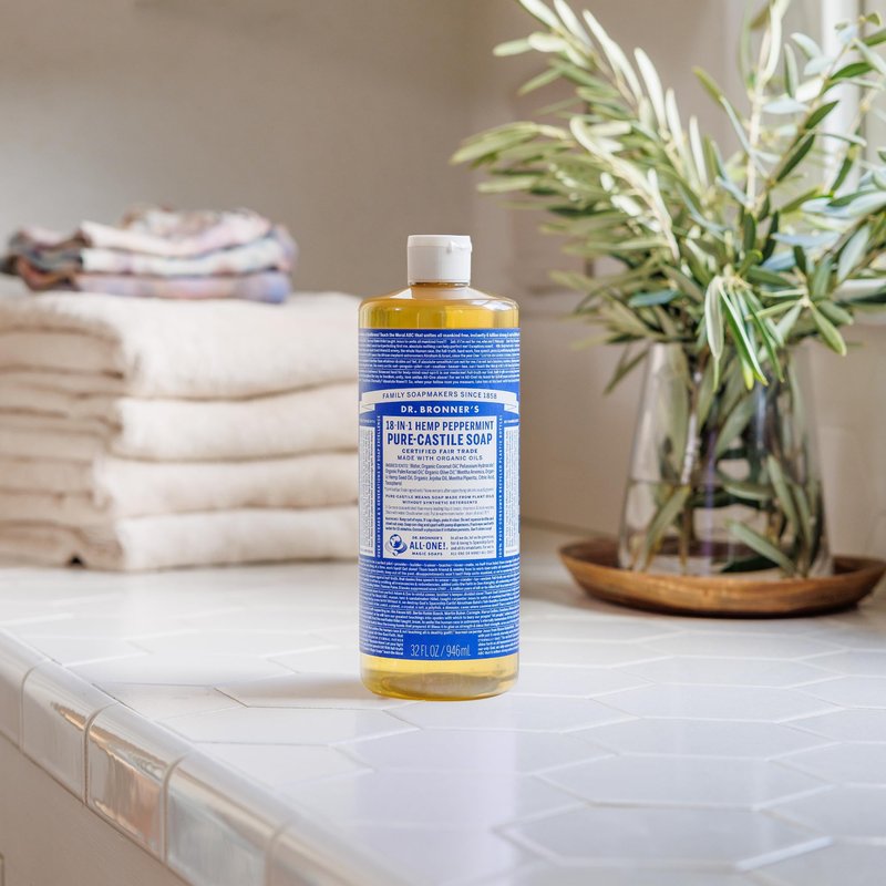 Dr. Bronner's - Pure-Castile Liquid Soap (Peppermint, 25 ounce) - Made with Organic Oils, 18-in-1 Uses: Face, Body, Hair, Laundry, Pets and Dishes, Concentrated, Vegan, Non-GMO (2-Pack)