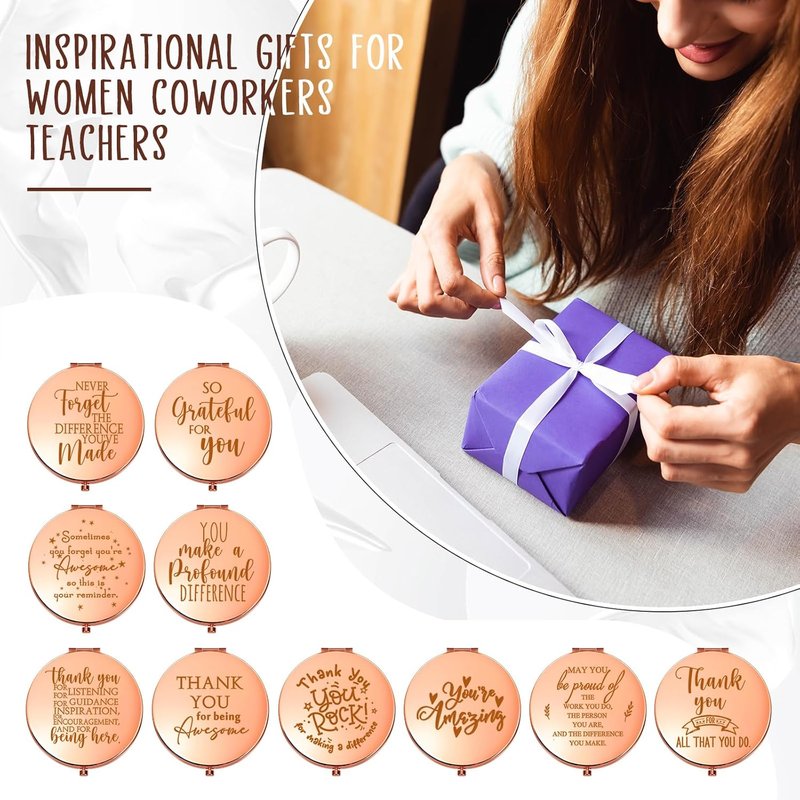 Inspirational Compact Mirror - 10 Pcs Thank You Gifts for Women | Portable Round Makeup Mirror in Rose Gold