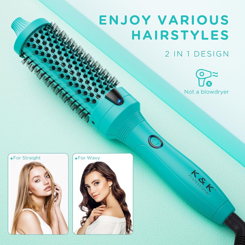 K&K Thermal Brush, Green 1.5 Inch Heated Round Curler, Professional Heated Curling Ceramic Tourmaline Ionic Curling Iron, Hot Styling Volumizing Brush, Dual Voltage