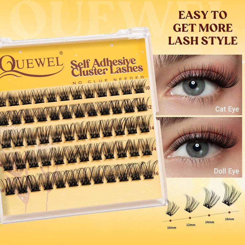 QUEWEL Self Adhesive Lash Clusters Kit, Pre Glued Eyelashes Clusters, 10-16MM Strong Hold Self Adhesive Eyelashes,D Curl Press On Lashes No Glue Needed DIY Lash Extensions Kit at Home(MJ02)