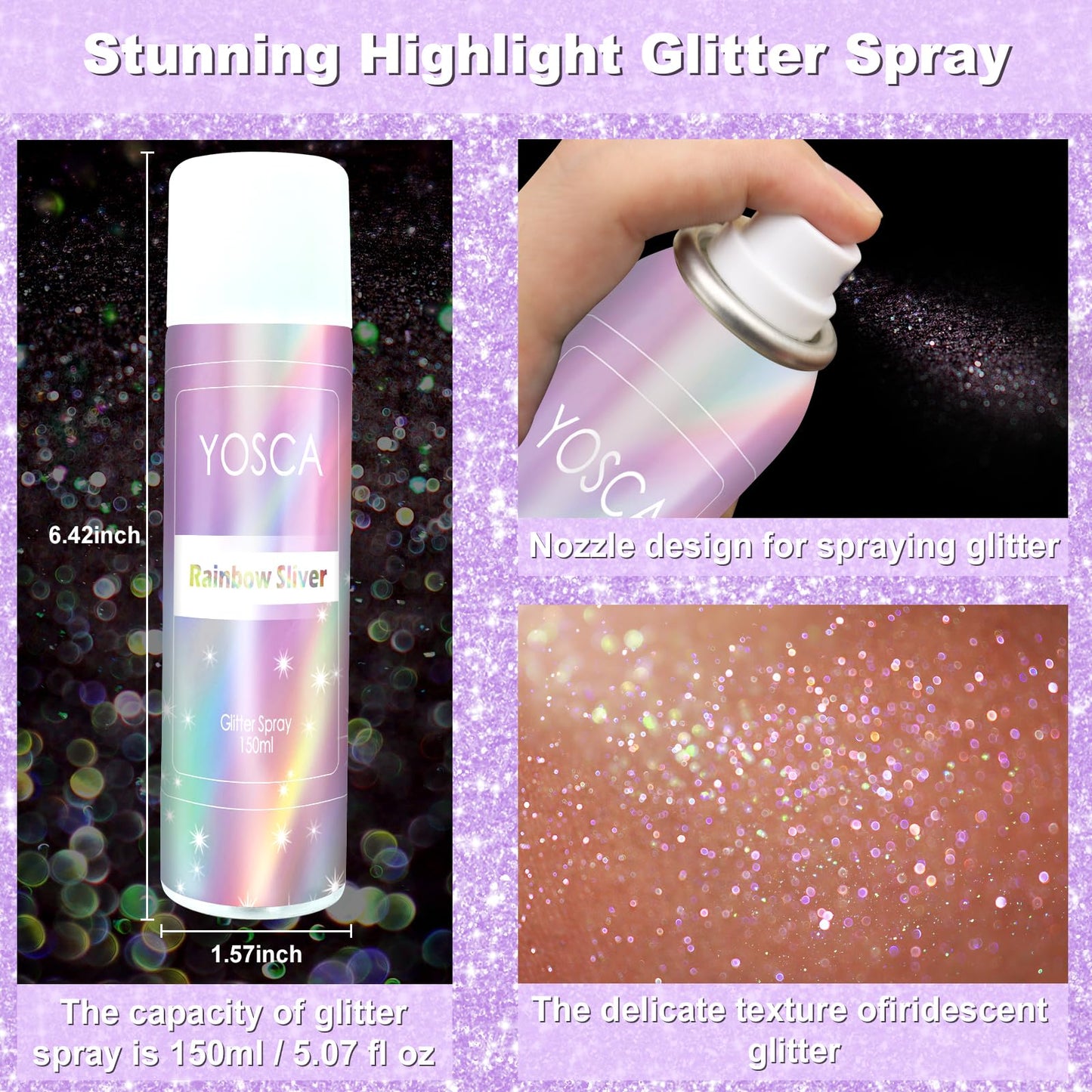 YOSCA Body Glitter Spray, 150ML Holographic Glitter Hairspray, Shiny Glitter Spray for Hair Body Clothes, Quick-Drying and Long-Lasting Shimmer Powder for Festival Music Concert Party Rave Accessories