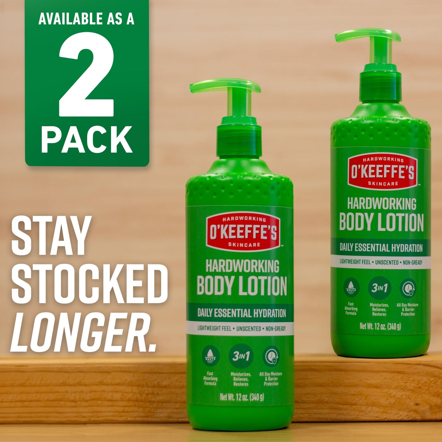 O’Keeffe’s Hardworking Body Lotion, Deep Hydration for Extremely Dry & Cracked Skin, 12 oz Pump (2 Pack), Fragrance-Free & Hypoallergenic, Non-Greasy Fast-Absorbing Formula