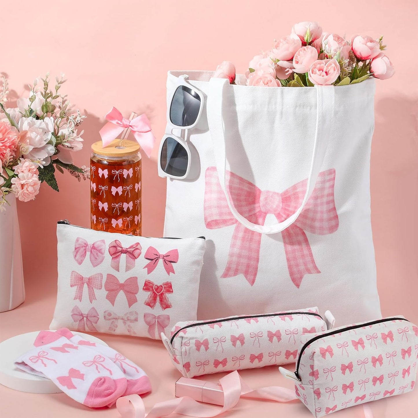 Coquette Makeup Bag Set for Women - Aesthetic Canvas Tote & Glass Cups with Lids | Pink Gift Set