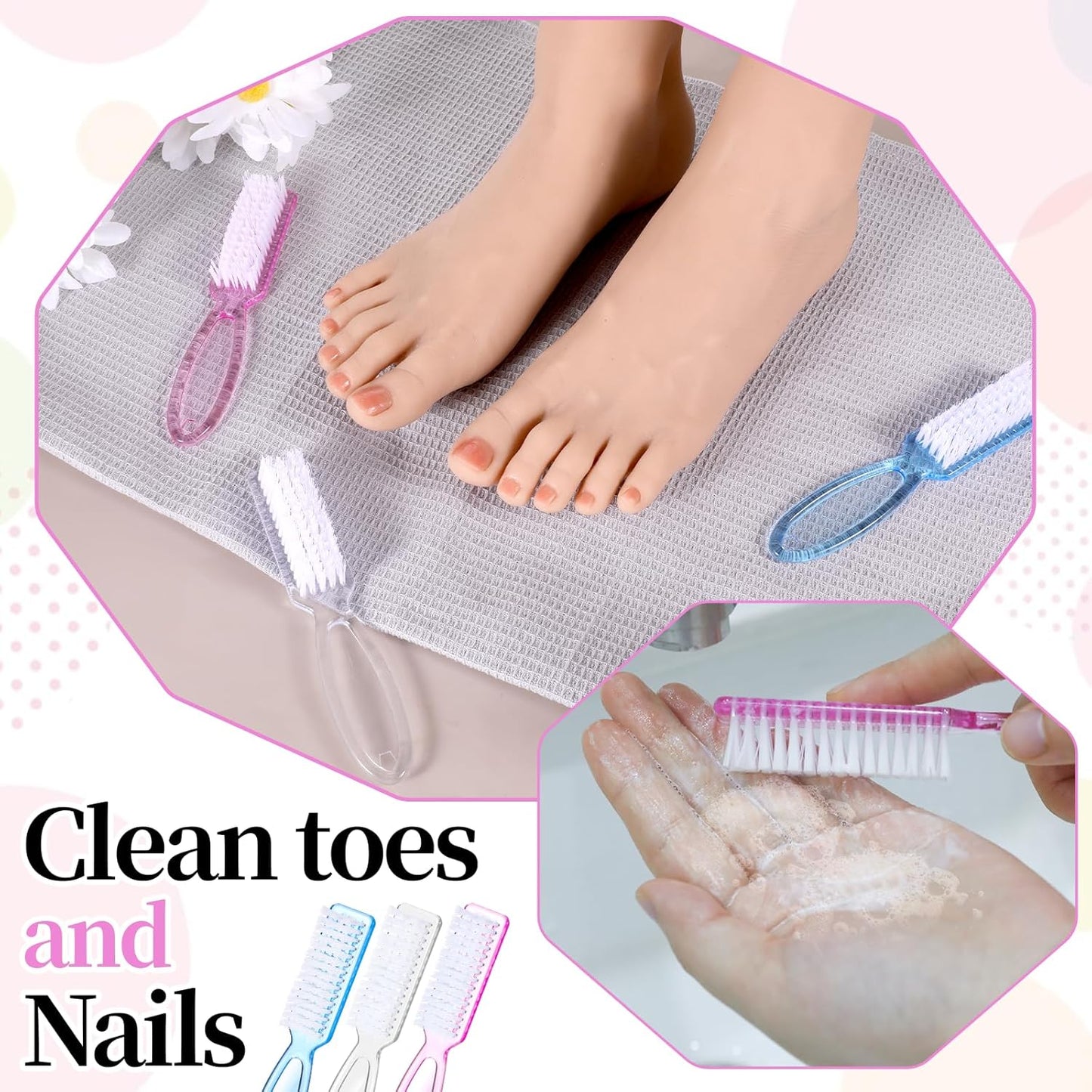 Nail Scrubber Brush Set - 60 PCS Fingernail & Toenail Cleaning Brushes | Ergonomic Handle, 3 Colors