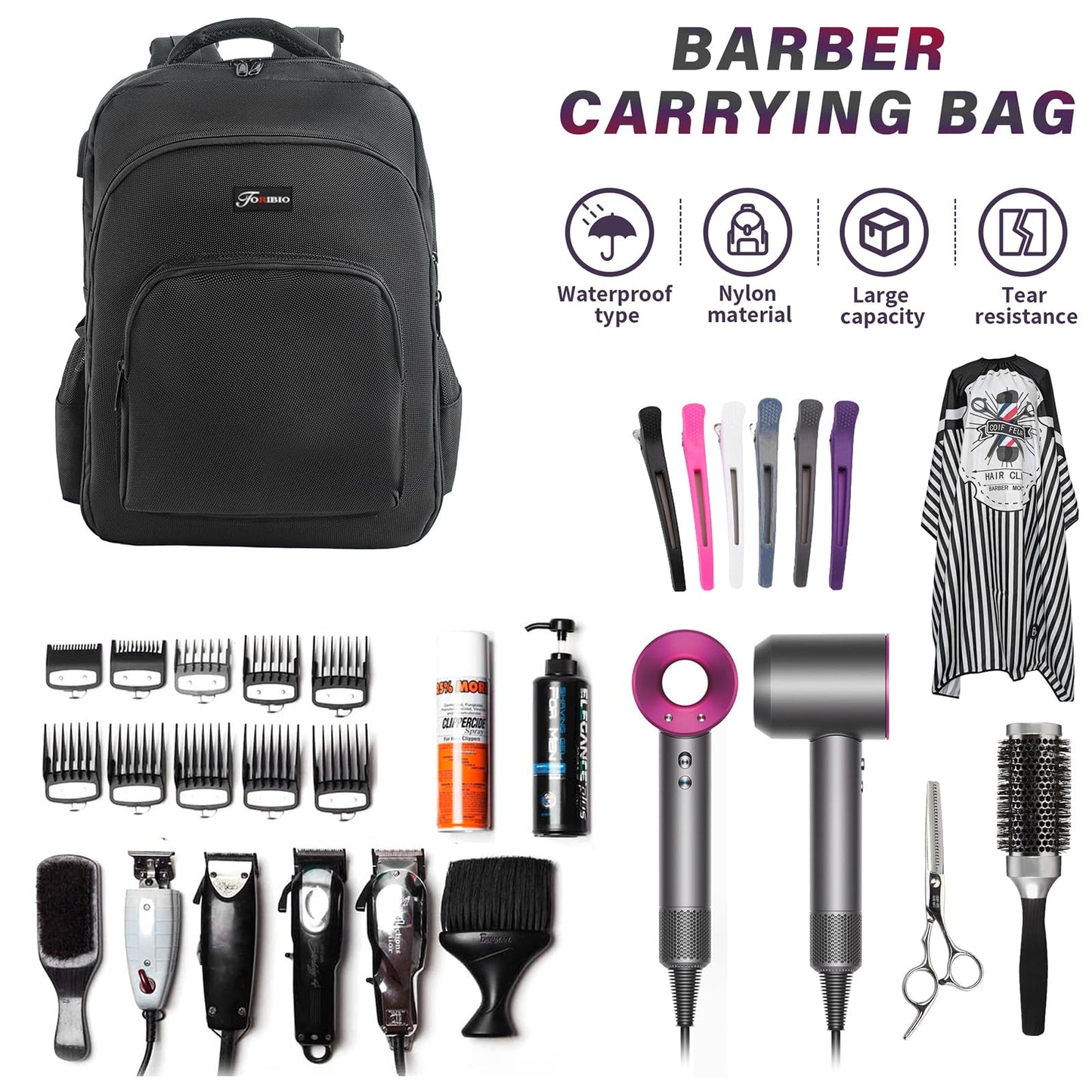 TORIBIO Barber Supplies Bag for Clippers and Supplies, Hairstylist Clipper Portable Backpack for Barber Tools with USB Port (Black)