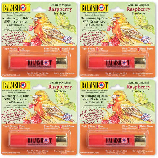 BALMSHOT Raspberry Lip Balm SPF 15 (4-Pack) – Beeswax Chapstick for Dry Chapped Lips, 20-Gauge Brass Shotgun Shell Tube, Heat Resistant, Long Lasting Lip Moisturizer for Men & Women, Made in USA