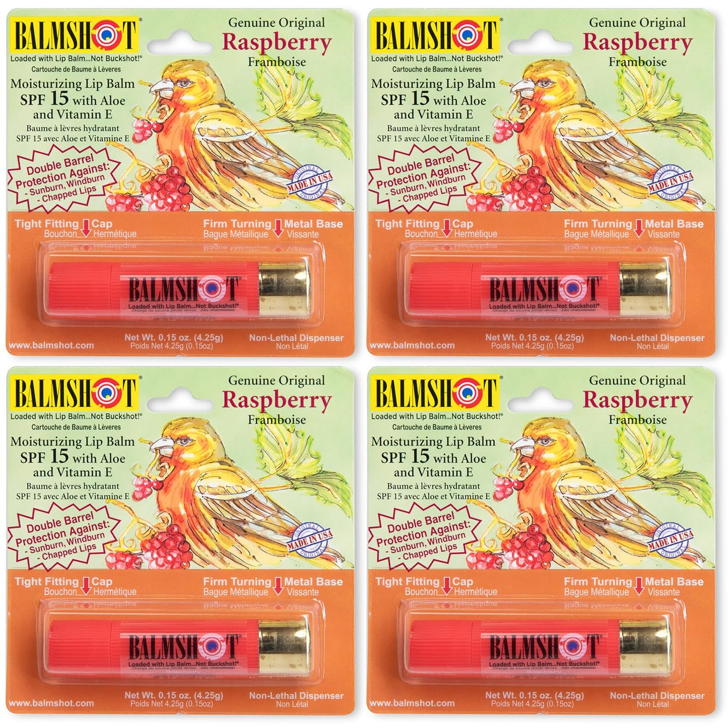 BALMSHOT Raspberry Lip Balm SPF 15 (4-Pack) – Beeswax Chapstick for Dry Chapped Lips, 20-Gauge Brass Shotgun Shell Tube, Heat Resistant, Long Lasting Lip Moisturizer for Men & Women, Made in USA
