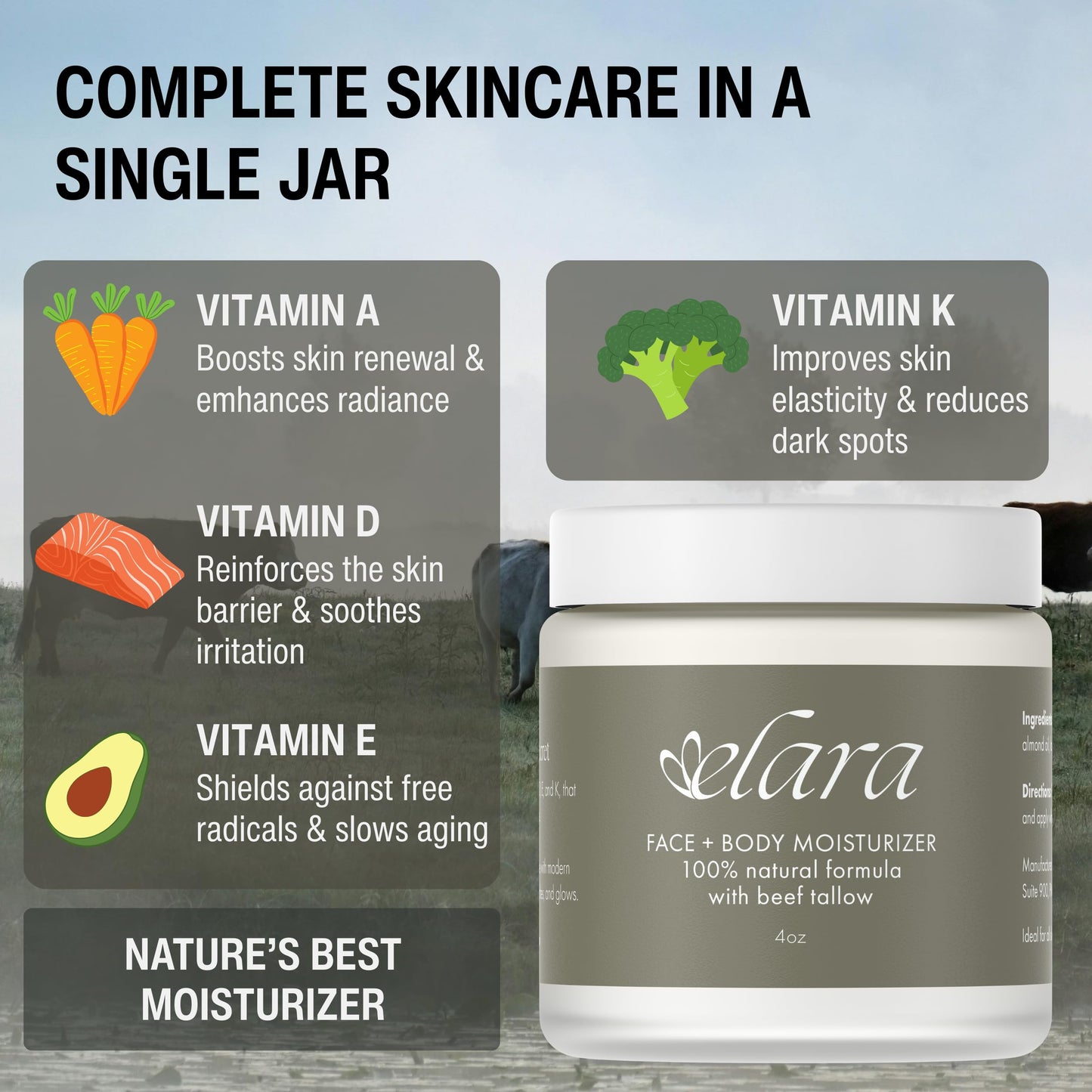 Elara Beef Tallow for Skin - Grass-Fed Whipped Tallow Balm - Face & Body Moisturizer with Sweet Almond Oil - Lightweight Skin Moisturizer for Sensitive Skin - 4 Oz.