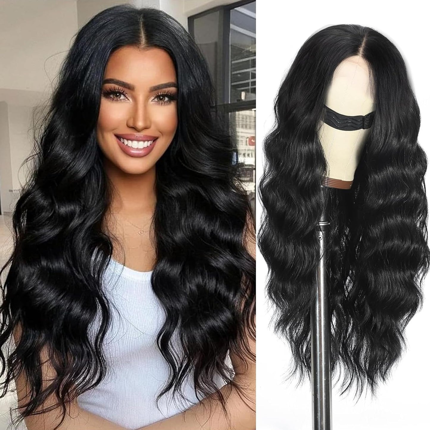 SCENTW Black Wig for Women Hand-Tied Lace Synthetic Lace Front Wig Long Wavy with 4x1 Lace Natural Hairline Middle Part Synthetic wig for Daily Party Beginners