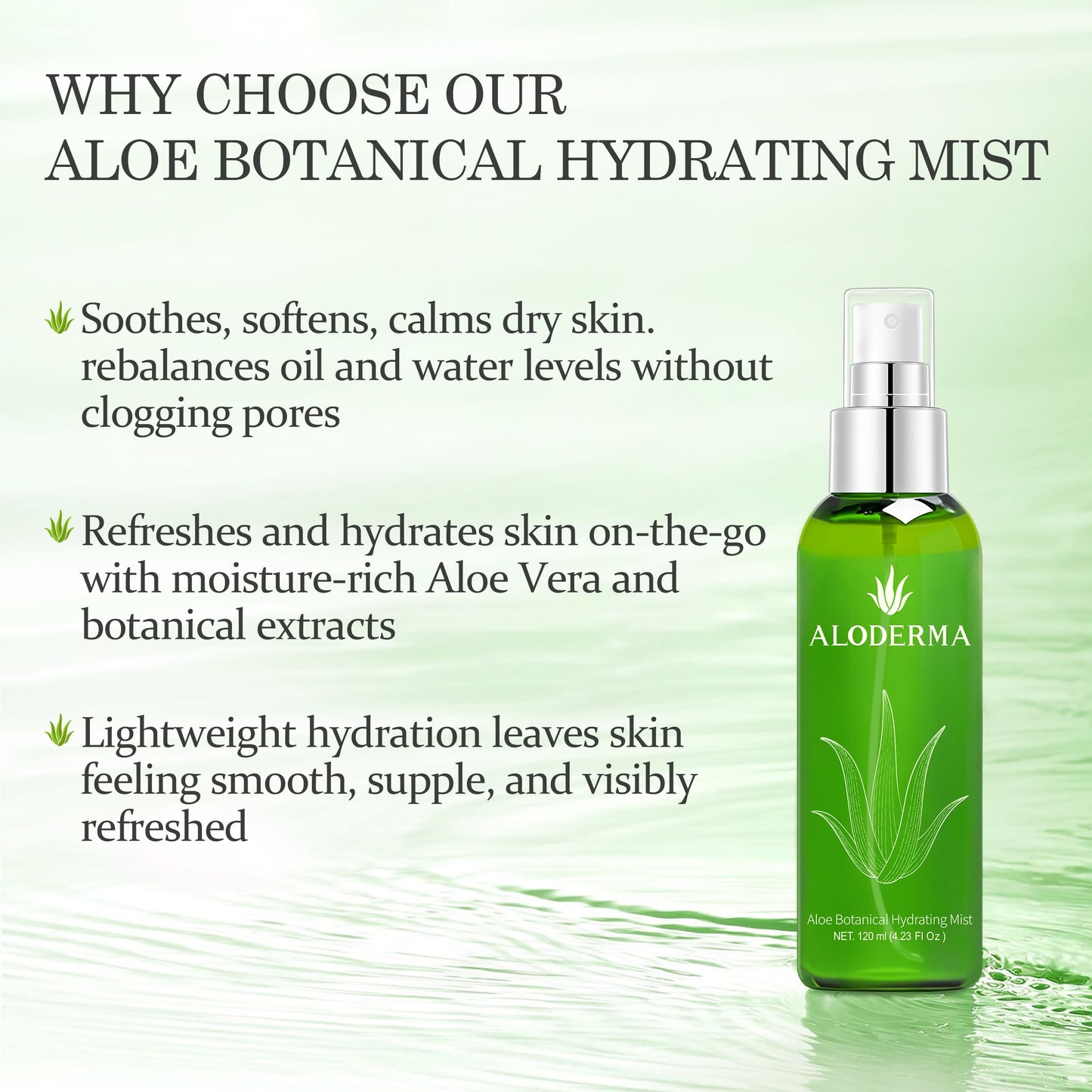 Aloderma Refreshing Hydrating Mister - Made with Fresh Organic Aloe Vera Juice within 12 Hours of Harvest, Lightweight Fine Mist Facial Spray Perfect for Summer- Instant Skin Hydration, 120ml/4.23Oz