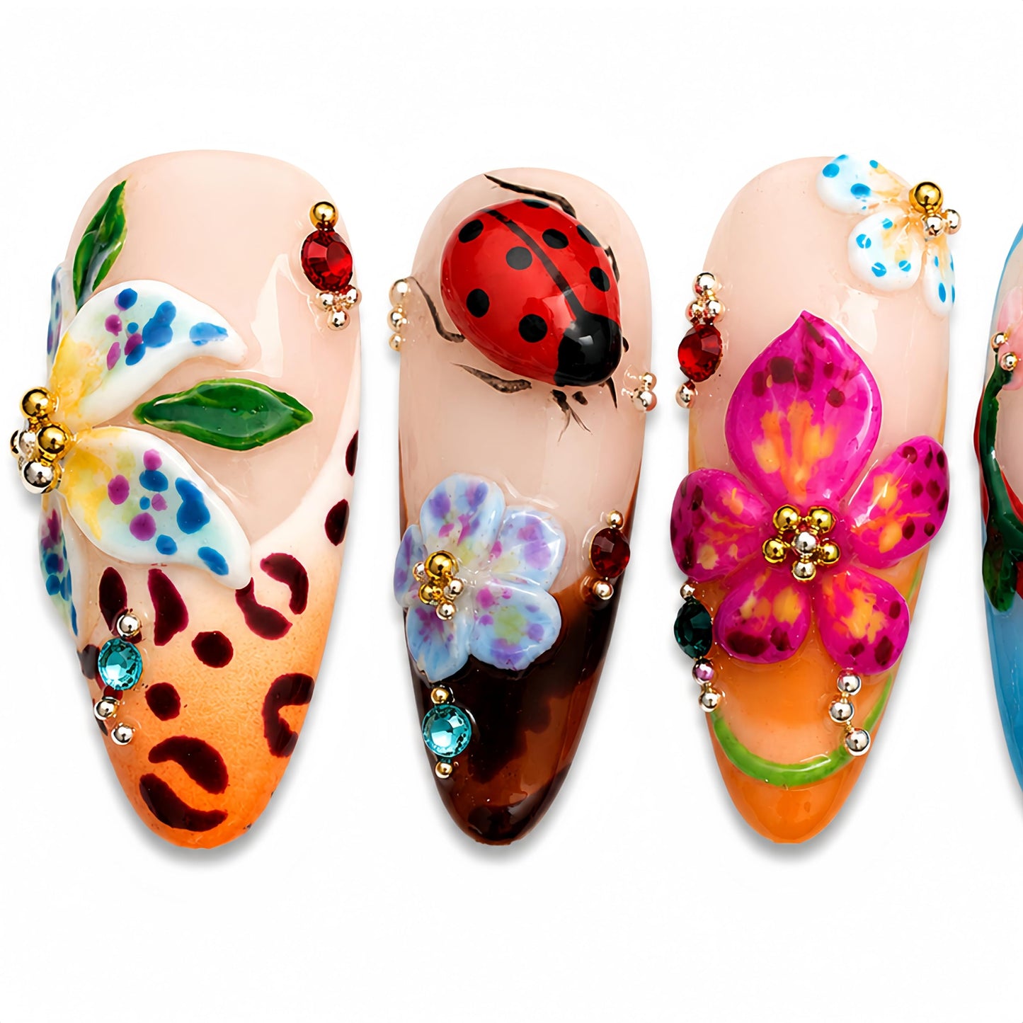 Handmade Acrylic Press On Nails Butterfly Cute Summer | Almond Nails Hand Painted 3D Floral | Reusable Vacation Style | Luxury Gift for Women (Long Almond & Size L) Headeer