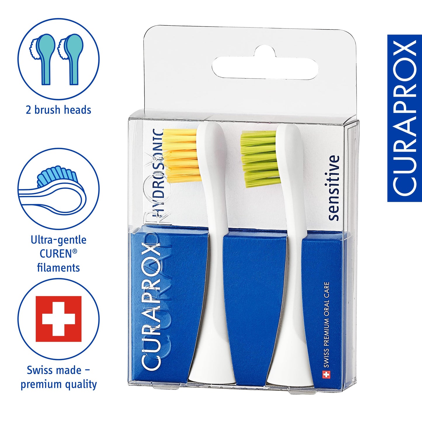 Curaprox Hydrosonic Brush Heads Rainbow Sensitive Duo – for Gentle Gum Care & Daily Cleaning | Yellow/Green, 2-Pack | Compatible with All Curaprox Sonic Models | Swiss Made
