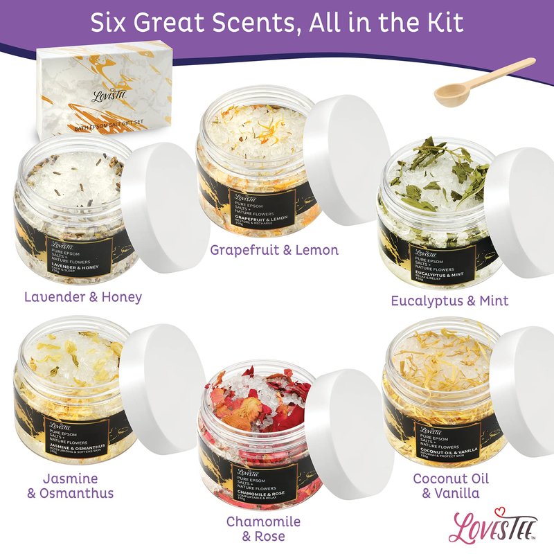 Christmas Epsom Salt Spa Gift Set of 6 Bath Salts - Coconut Vanilla, Jasmine Osmanthus, Eucalyptus Mint, Lavender Honey, Chamomile Rose, Grapefruit Lemon for Bath Gift Set for Women Baskets