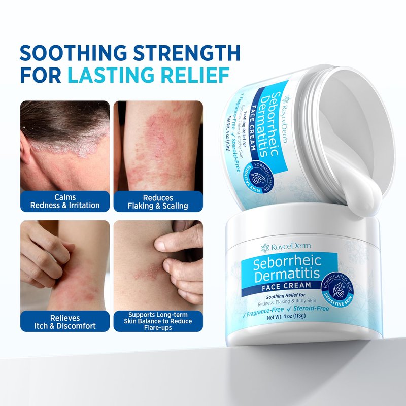 Roycederm Seborrheic Dermatitis & Psoriasis Face Cream – Steroid-Free Moisturizer for Redness, Flaking & Sensitive Skin – Face, Scalp & Body Daily Relief – Fragrance-Free, Non-Greasy, 4 oz
