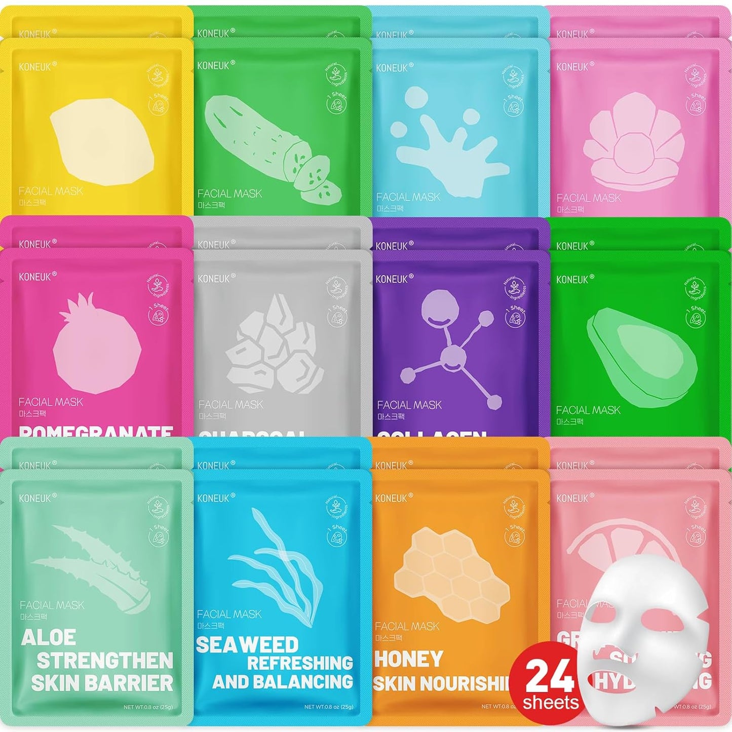 Hydrating Face Masks - 24 Pack Collagen Sheet Masks for Soothing & Moisturizing | All Skin Types, Spa Gift Set