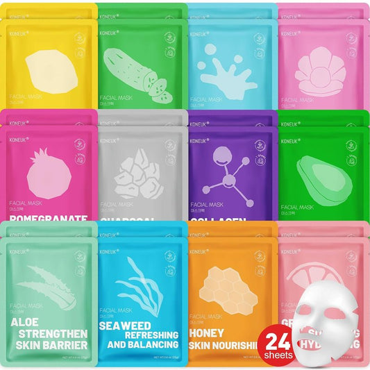 Hydrating Face Masks - 24 Pack Collagen Sheet Masks for Soothing & Moisturizing | All Skin Types, Spa Gift Set