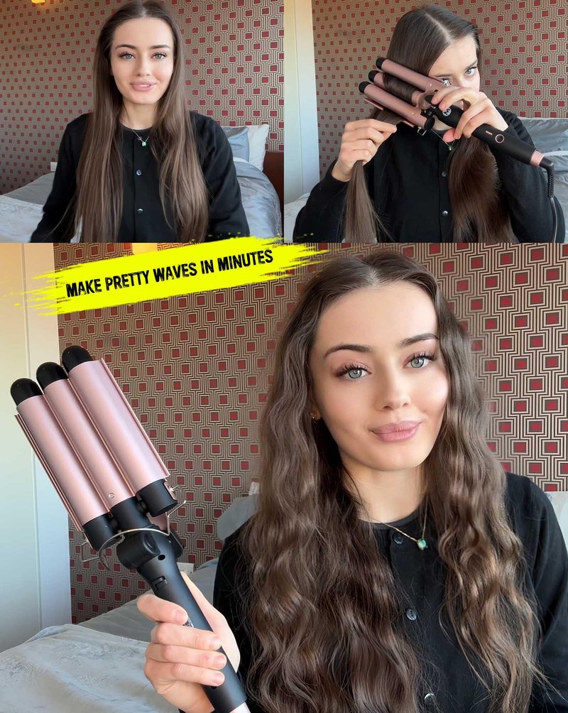 Mistcado 3 Barrel Curling Iron, 1 Inch Ceramic Tourmaline Hair Waver Wand with LCD Temperature Display, Fast Heating Foldable Crimpers for Travel Glove Included (Gold)