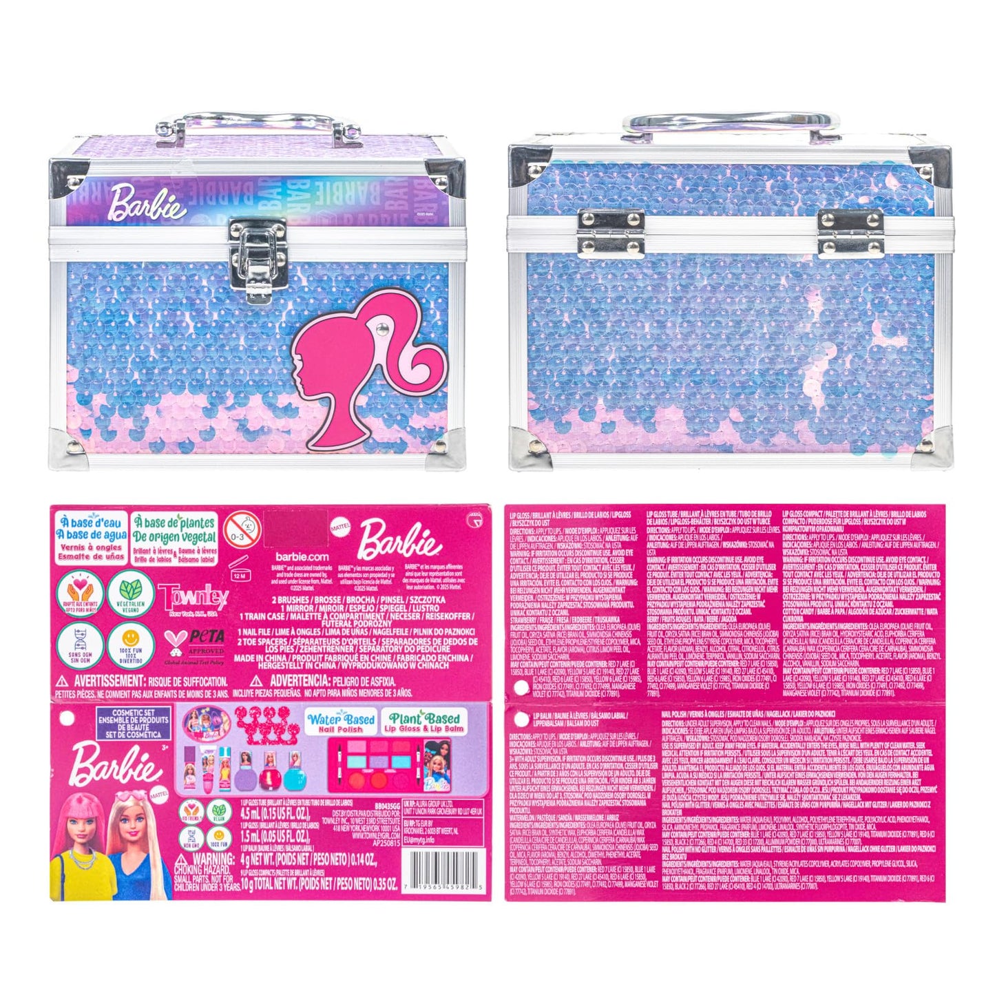Barbie Makeup Set for Kids Girsl with Train Case, Includes Nail Polish, Lip Gloss and more, Kids Makeup Kit for Girls, Play Makeup, Party Favor, Birthday, For Kids Ages 3+, by Townley Girl