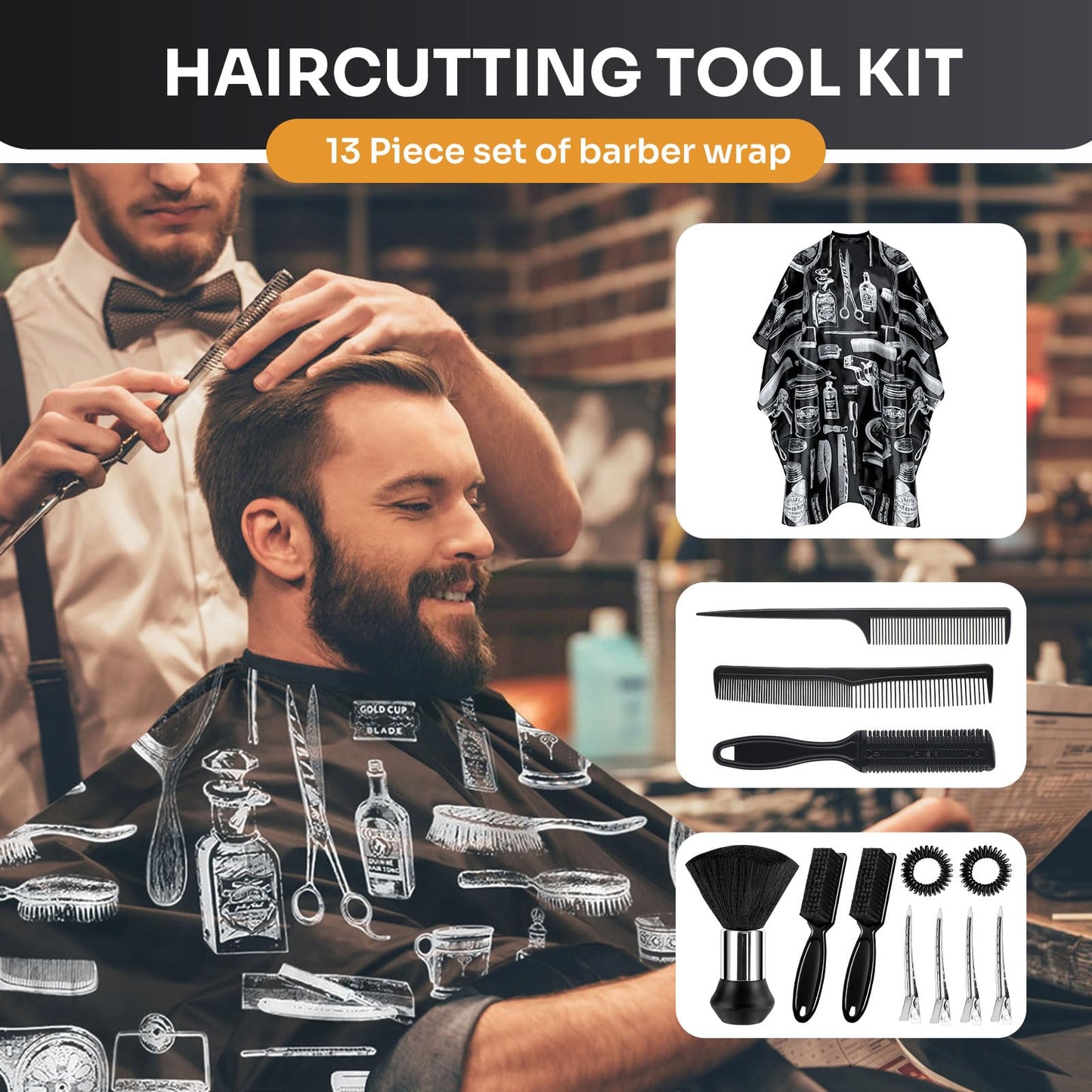 Barber Cape 13Pcs with Neck Duster Brush Adjustable, Extra Long Hair Cutting Cape 63" x 55" Profesional Barber Accessories for Men/Adults/Barber/Salon/Clients/Home/Women/Kids