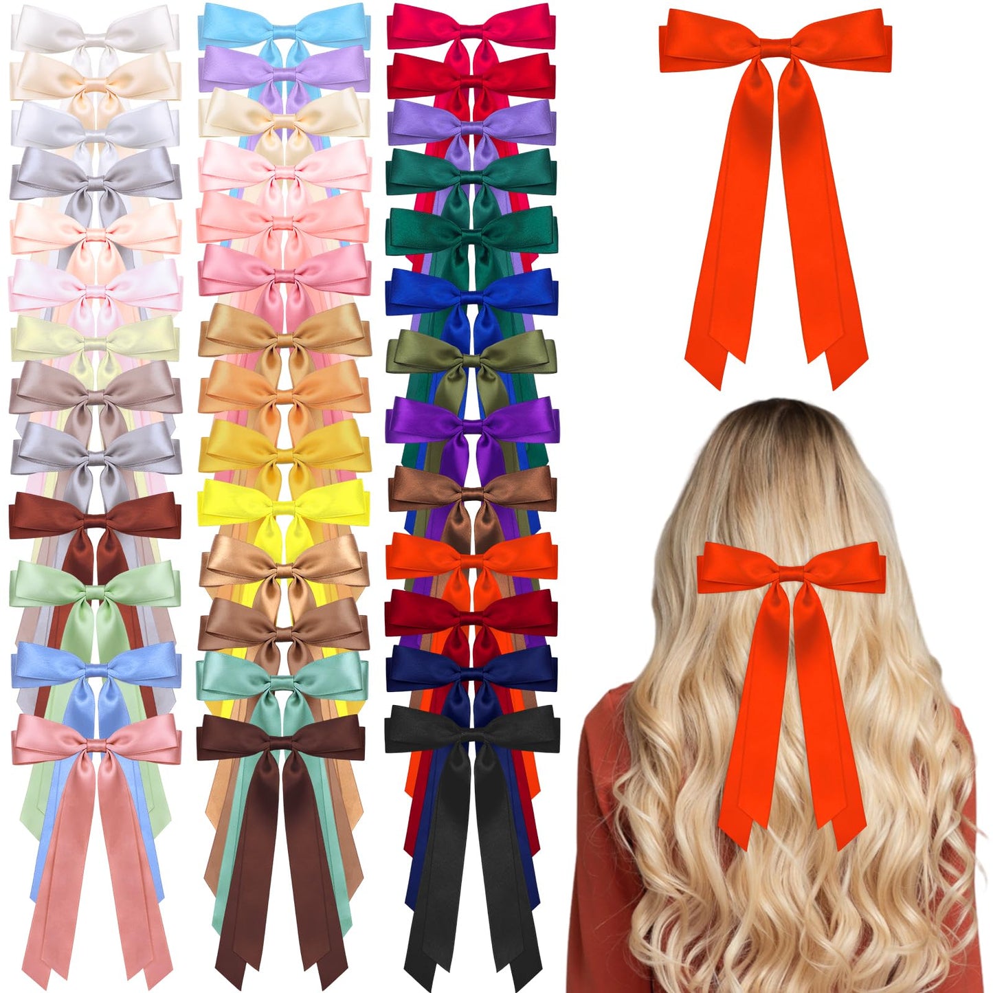 40Pcs Satin Hair Bows Bulk Big Hair Bows for Women Large H-air Ribbons Silky Satin Oversized H-air B-ows Long Tail for Women Oversized Long Tail Ribbons Large Knot Clips Barrettes for Holiday Gifts